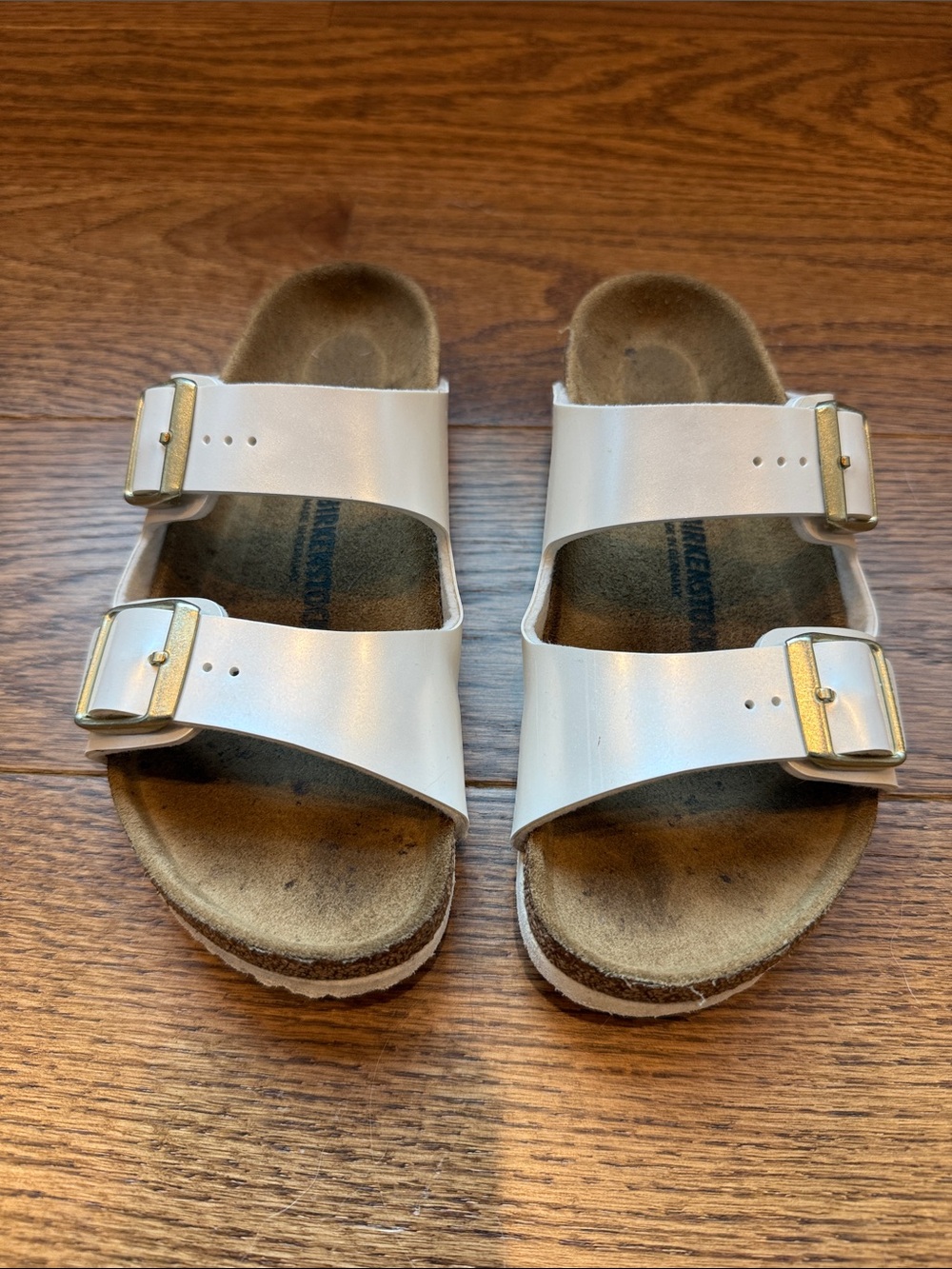 Birkenstock Arizona Kids White Double-Strap Slide Sandals with Gold Buckles